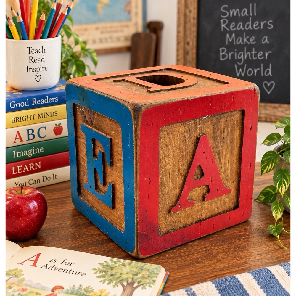 Vintage Wolf Creek 10" ABC Wood Storage Block Reading Teacher Nursery Decor